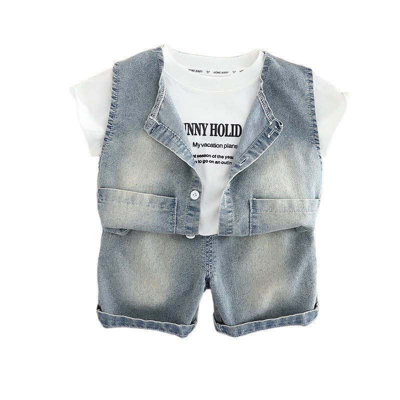 Children Summer Suit 1 to 3 Years Old Boys Summer Suit Baby Short-Sleeved Korean Style Denim Vest Three-Piece Set 